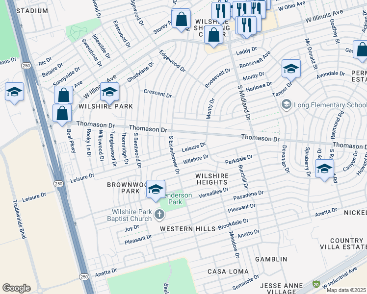 map of restaurants, bars, coffee shops, grocery stores, and more near 4618 Leisure Drive in Midland