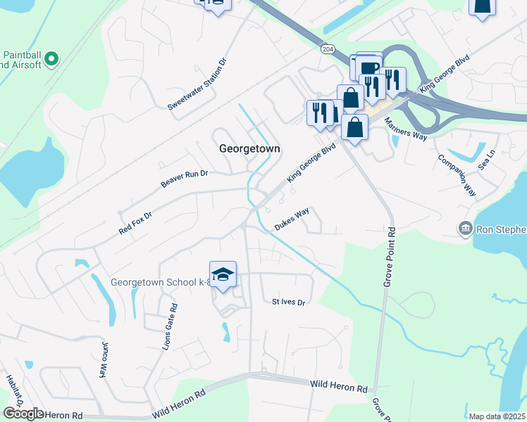 map of restaurants, bars, coffee shops, grocery stores, and more near 1401 King George Boulevard in Savannah