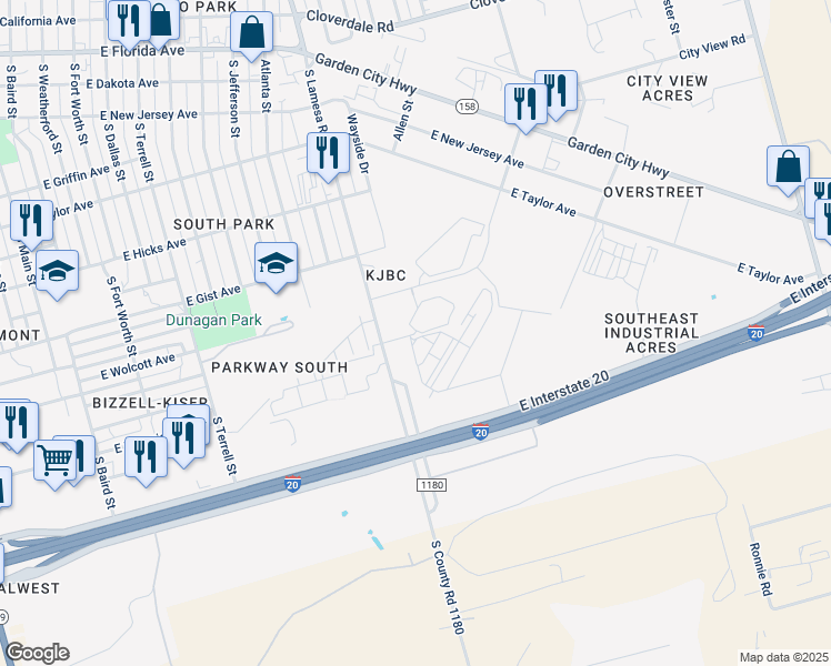 map of restaurants, bars, coffee shops, grocery stores, and more near 1201 Albert Ave in Midland