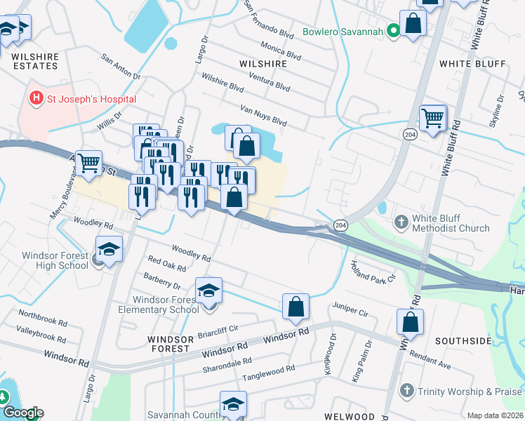 map of restaurants, bars, coffee shops, grocery stores, and more near Abercorn Street in Savannah