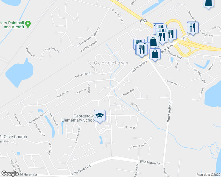 map of restaurants, bars, coffee shops, grocery stores, and more near 105 Chalice Way in Savannah