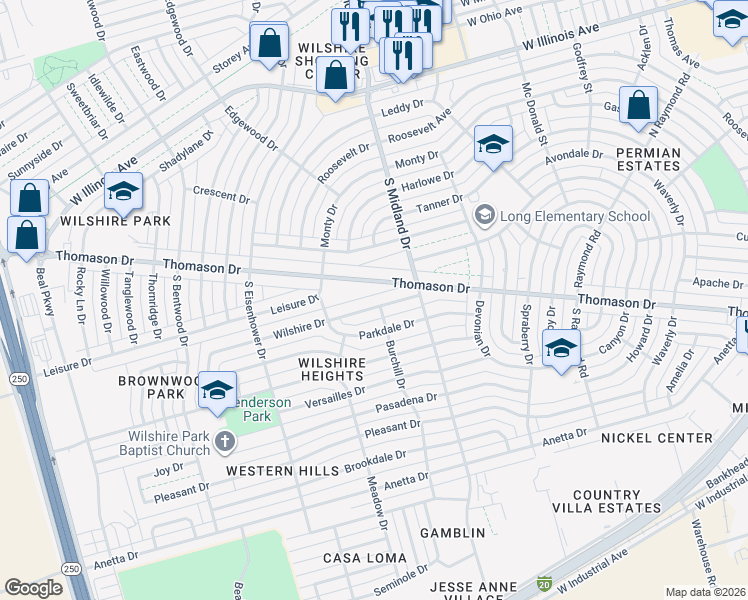 map of restaurants, bars, coffee shops, grocery stores, and more near 4500 Wilshire Dr in Midland