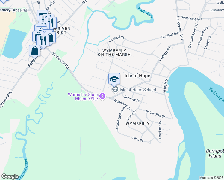 map of restaurants, bars, coffee shops, grocery stores, and more near 100 Parkersburg Road in Savannah