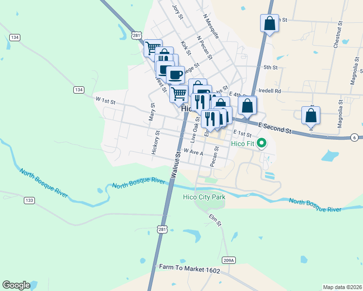 map of restaurants, bars, coffee shops, grocery stores, and more near 211 Walnut Street in Hico