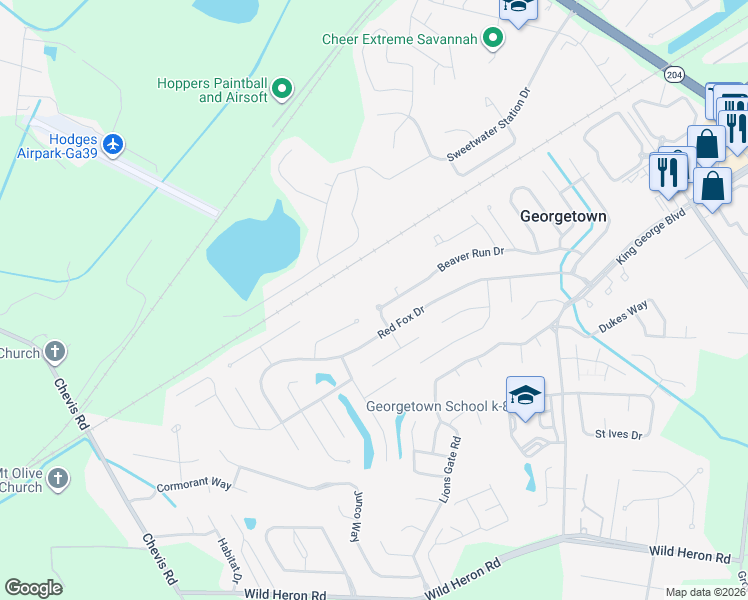 map of restaurants, bars, coffee shops, grocery stores, and more near 54 Beaver Run Drive in Savannah