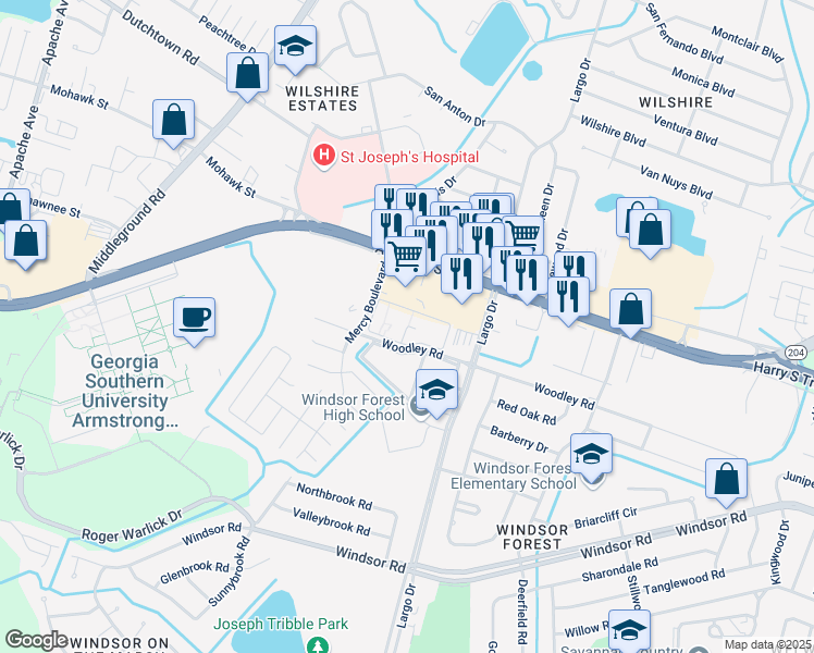 map of restaurants, bars, coffee shops, grocery stores, and more near 17 Riviera Apartment in Savannah