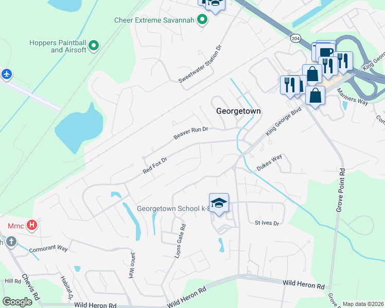 map of restaurants, bars, coffee shops, grocery stores, and more near 4 Cutler Court in Savannah