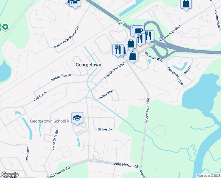 map of restaurants, bars, coffee shops, grocery stores, and more near 137 Dukes Way in Savannah