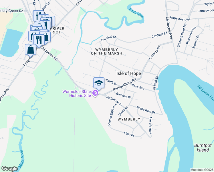 map of restaurants, bars, coffee shops, grocery stores, and more near 100 Parkersburg Road in Savannah