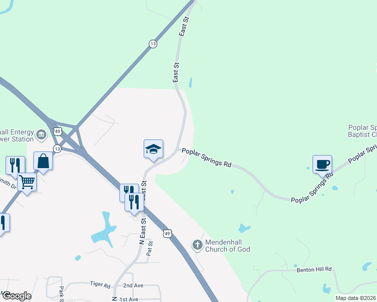 map of restaurants, bars, coffee shops, grocery stores, and more near 113 Poplar Springs Road in Mendenhall