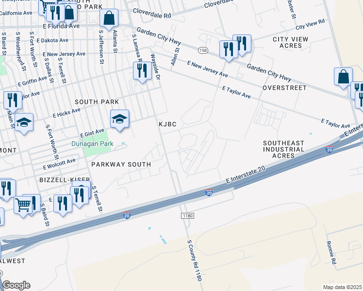 map of restaurants, bars, coffee shops, grocery stores, and more near 1201 Albert Ave in Midland