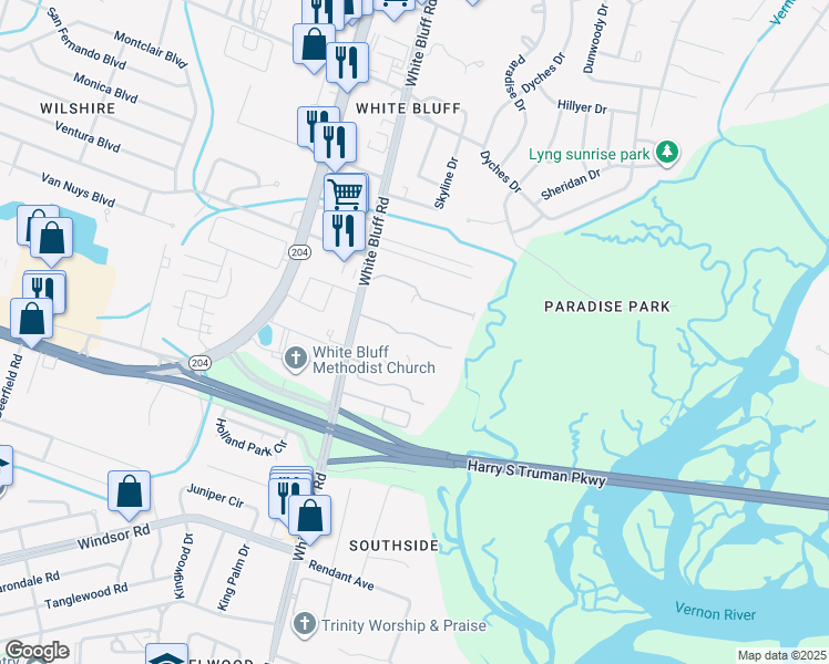 map of restaurants, bars, coffee shops, grocery stores, and more near 11400 White Bluff Road in Savannah