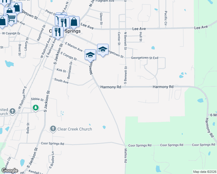 map of restaurants, bars, coffee shops, grocery stores, and more near 202 Harmony Road in Crystal Springs