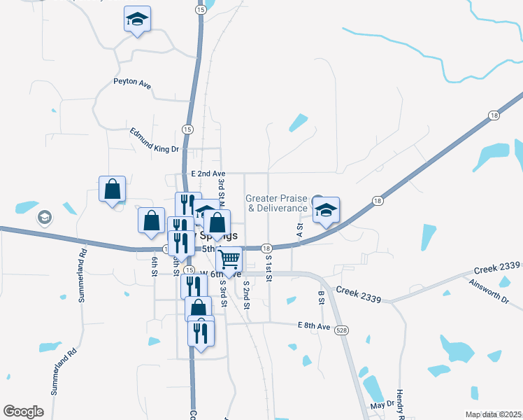 map of restaurants, bars, coffee shops, grocery stores, and more near 2-40 North 2nd Street in Bay Springs