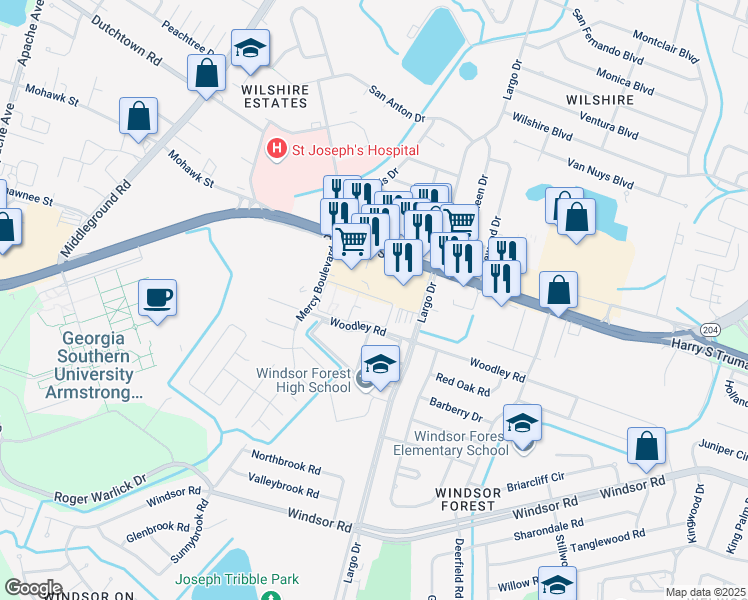 map of restaurants, bars, coffee shops, grocery stores, and more near 17 Riviera Apartment in Savannah