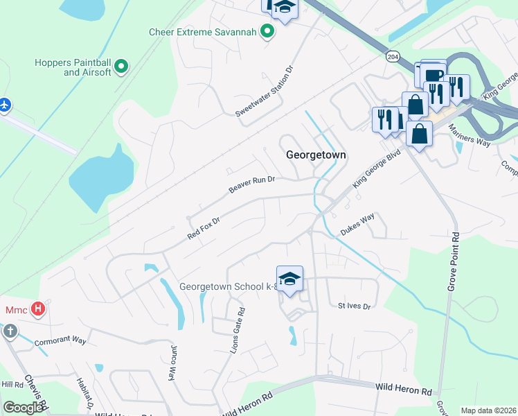 map of restaurants, bars, coffee shops, grocery stores, and more near 4 Cutler Court in Savannah