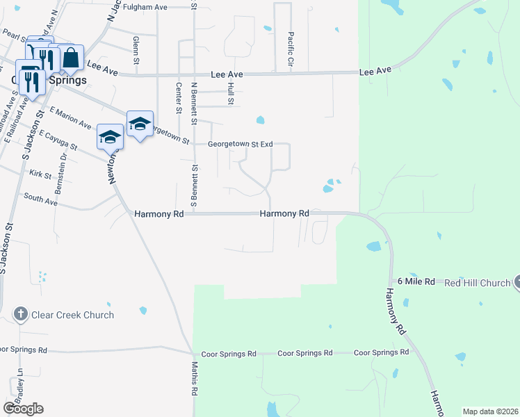 map of restaurants, bars, coffee shops, grocery stores, and more near 200-202 Harmony Road in Crystal Springs