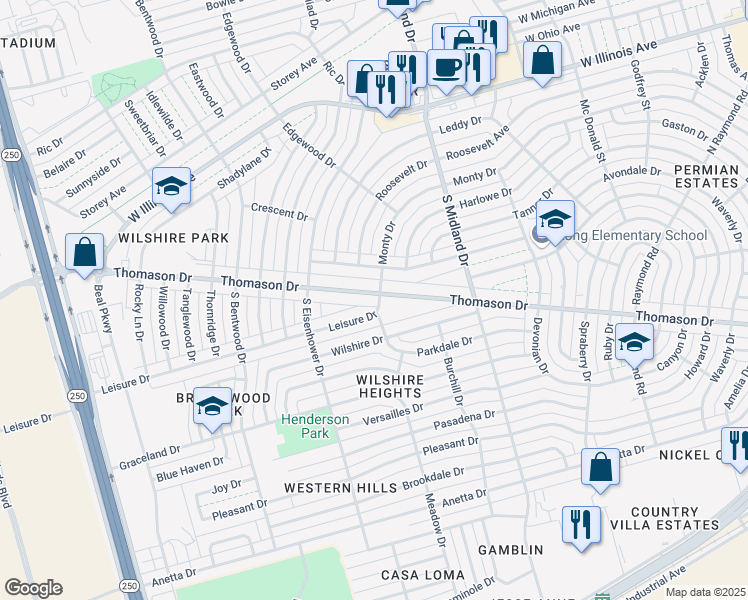 map of restaurants, bars, coffee shops, grocery stores, and more near 4605 Leisure Drive in Midland