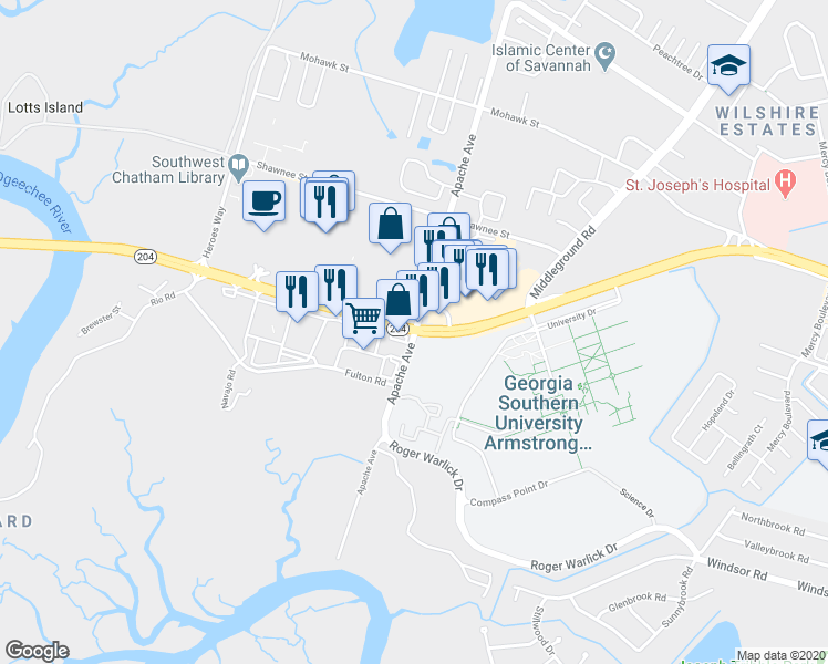 map of restaurants, bars, coffee shops, grocery stores, and more near Abercorn Extension & Apache Ave in Savannah