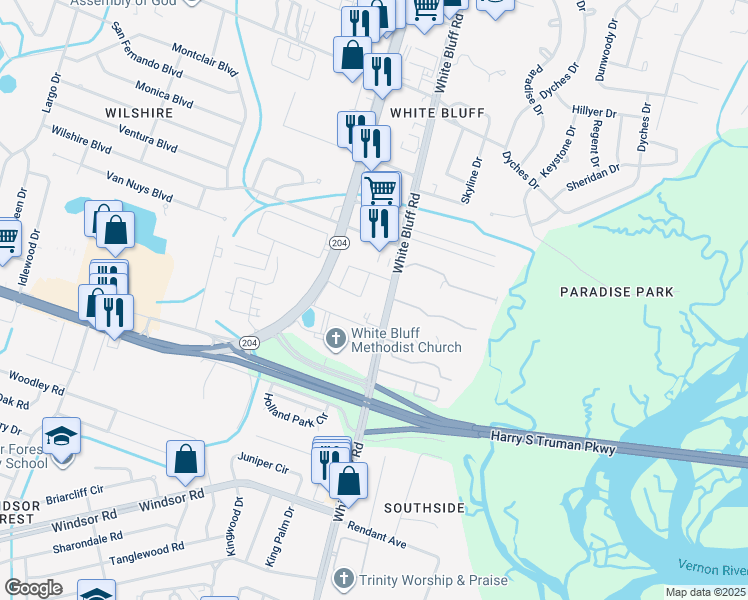 map of restaurants, bars, coffee shops, grocery stores, and more near 10612 Abercorn Street in Savannah