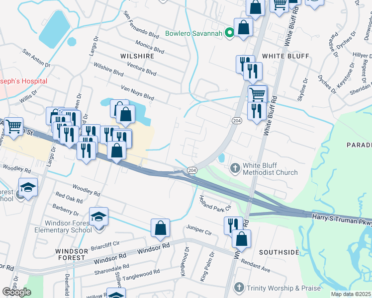 map of restaurants, bars, coffee shops, grocery stores, and more near 10725 Abercorn Street in Savannah