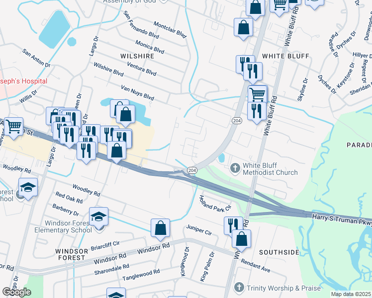 map of restaurants, bars, coffee shops, grocery stores, and more near 10725 Abercorn Street in Savannah