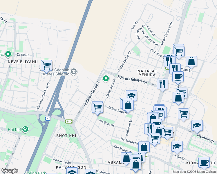 map of restaurants, bars, coffee shops, grocery stores, and more near Yosef Sapir Street in Rishon LeZion