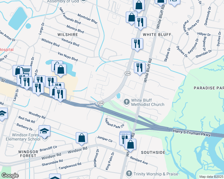 map of restaurants, bars, coffee shops, grocery stores, and more near 10701 Abercorn Street in Savannah