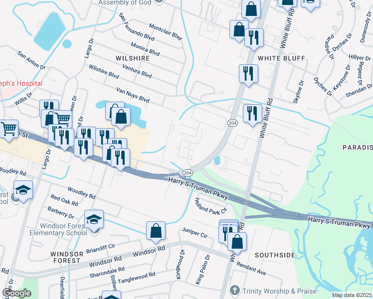 map of restaurants, bars, coffee shops, grocery stores, and more near 10725 Abercorn Street in Savannah