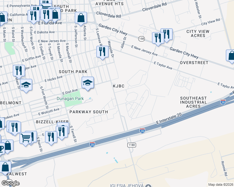 map of restaurants, bars, coffee shops, grocery stores, and more near 1905 South Lamesa Road in Midland