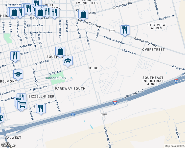 map of restaurants, bars, coffee shops, grocery stores, and more near 1905 South Lamesa Road in Midland