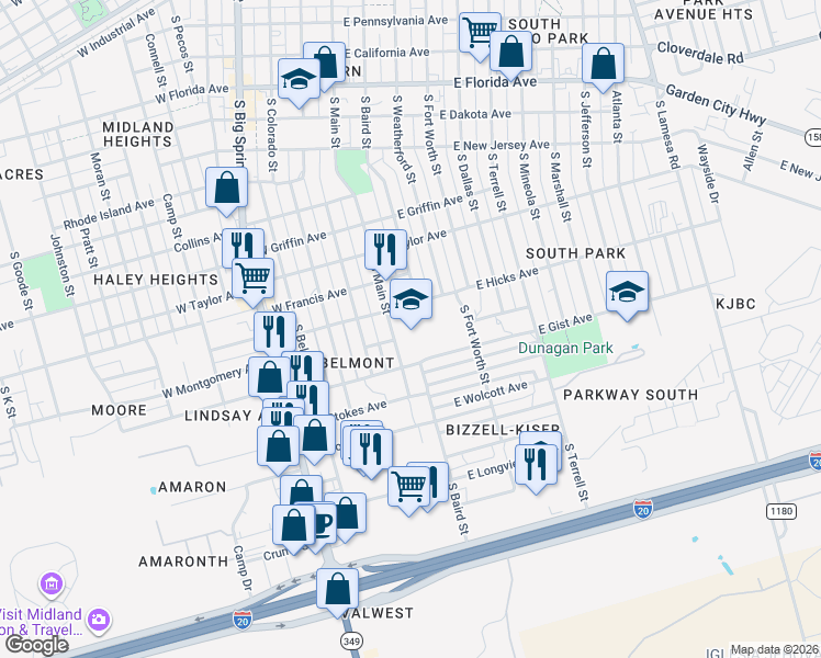 map of restaurants, bars, coffee shops, grocery stores, and more near 100 East Gist Avenue in Midland