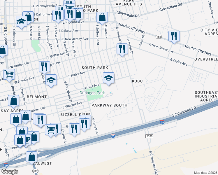 map of restaurants, bars, coffee shops, grocery stores, and more near 900 East Gist Avenue in Midland