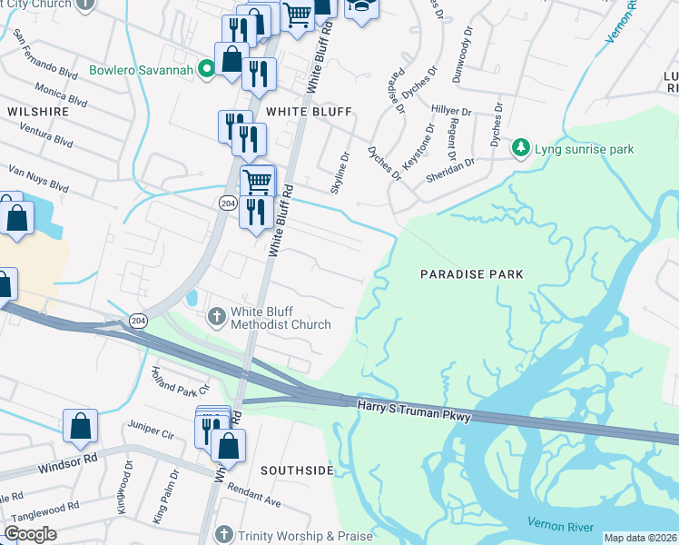 map of restaurants, bars, coffee shops, grocery stores, and more near 11330 White Bluff Road in Savannah