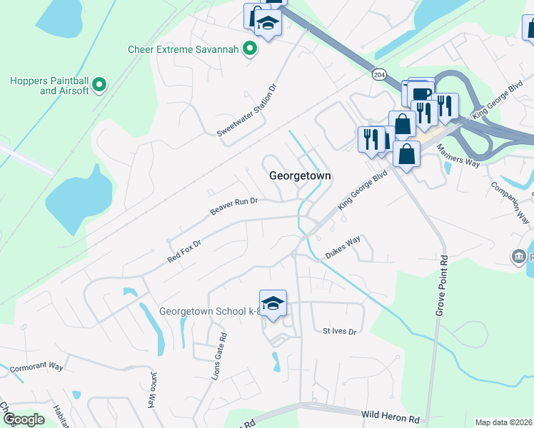 map of restaurants, bars, coffee shops, grocery stores, and more near 18 Red Fox Drive in Savannah