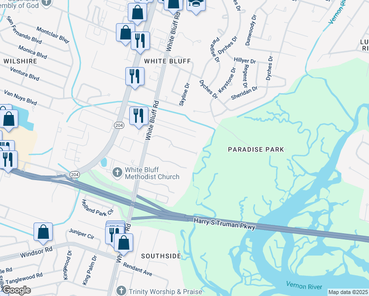 map of restaurants, bars, coffee shops, grocery stores, and more near 11330 White Bluff Road in Savannah