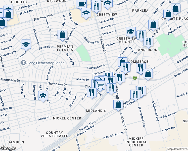 map of restaurants, bars, coffee shops, grocery stores, and more near 3413 Travis Avenue in Midland