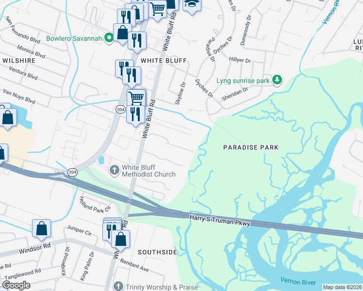 map of restaurants, bars, coffee shops, grocery stores, and more near 11330 White Bluff Road in Savannah