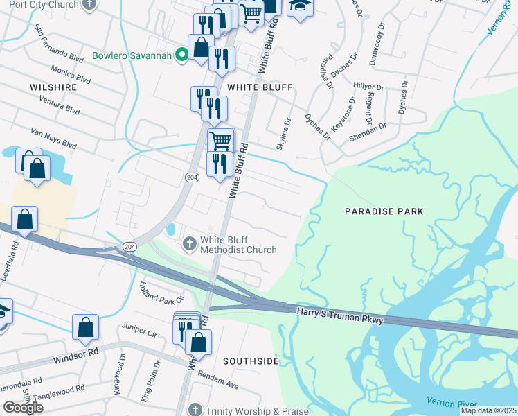 map of restaurants, bars, coffee shops, grocery stores, and more near 11330 White Bluff Road in Savannah