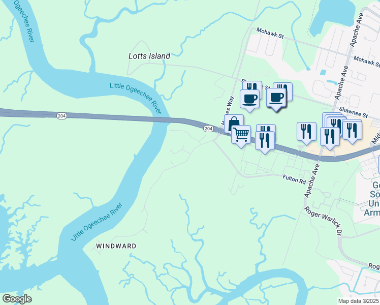 map of restaurants, bars, coffee shops, grocery stores, and more near 5 Rio Road in Savannah