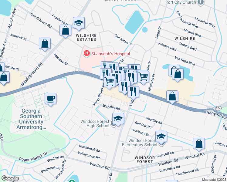map of restaurants, bars, coffee shops, grocery stores, and more near 11617 Abercorn Street in Savannah