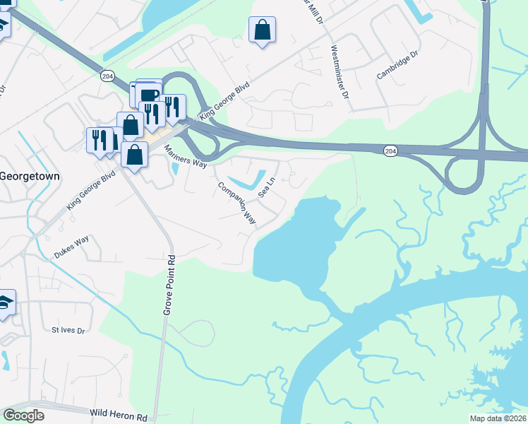 map of restaurants, bars, coffee shops, grocery stores, and more near 6 Mooring Buoy in Savannah