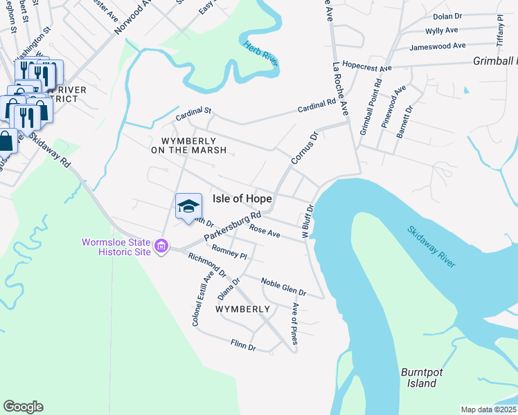 map of restaurants, bars, coffee shops, grocery stores, and more near 7728 Central Avenue in Savannah