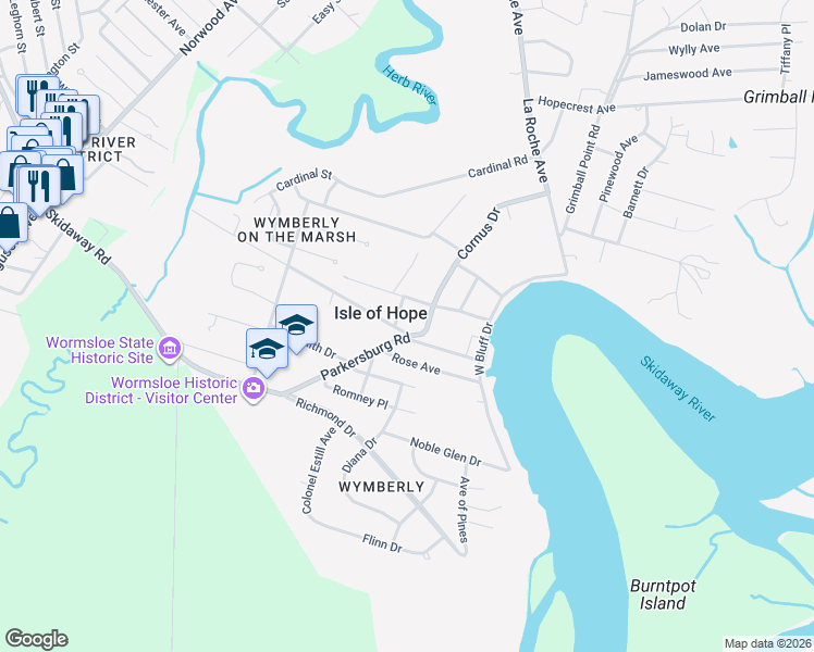 map of restaurants, bars, coffee shops, grocery stores, and more near 7728 Central Avenue in Savannah