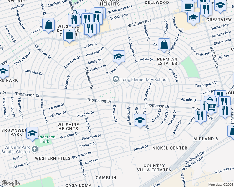 map of restaurants, bars, coffee shops, grocery stores, and more near 509 Devonian Drive in Midland