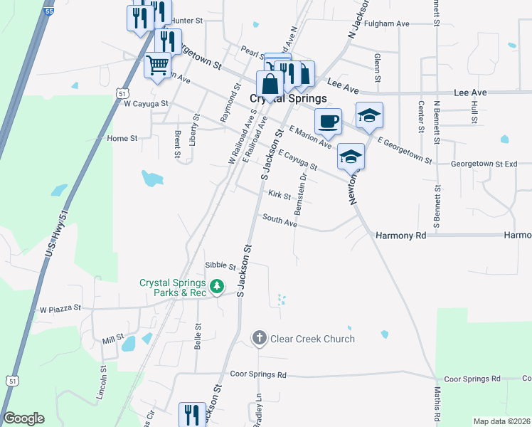 map of restaurants, bars, coffee shops, grocery stores, and more near 101 South Avenue in Crystal Springs