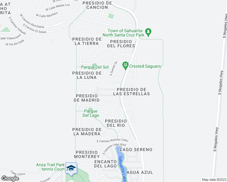 map of restaurants, bars, coffee shops, grocery stores, and more near 282 E Placita Nubes De Agua in Sahuarita