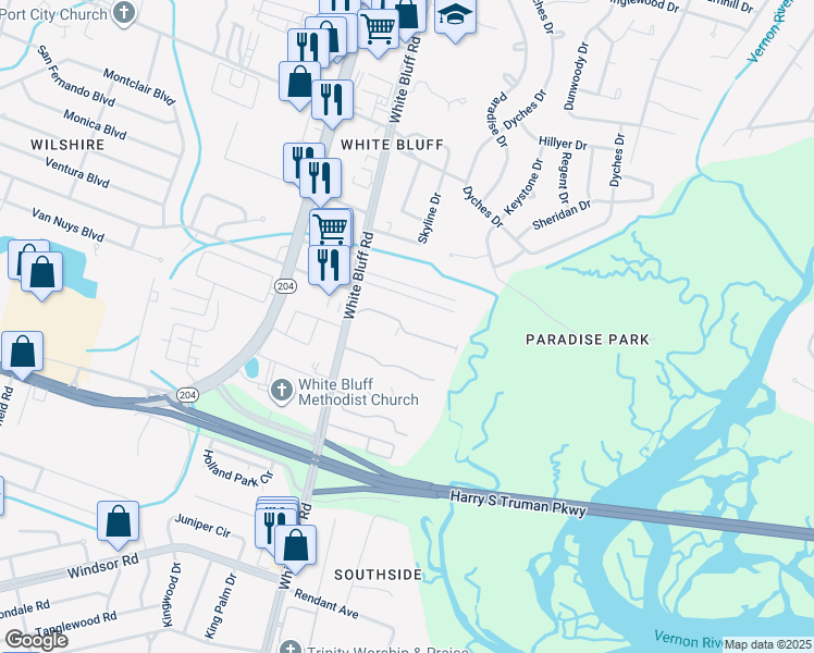 map of restaurants, bars, coffee shops, grocery stores, and more near 11330 White Bluff Road in Savannah