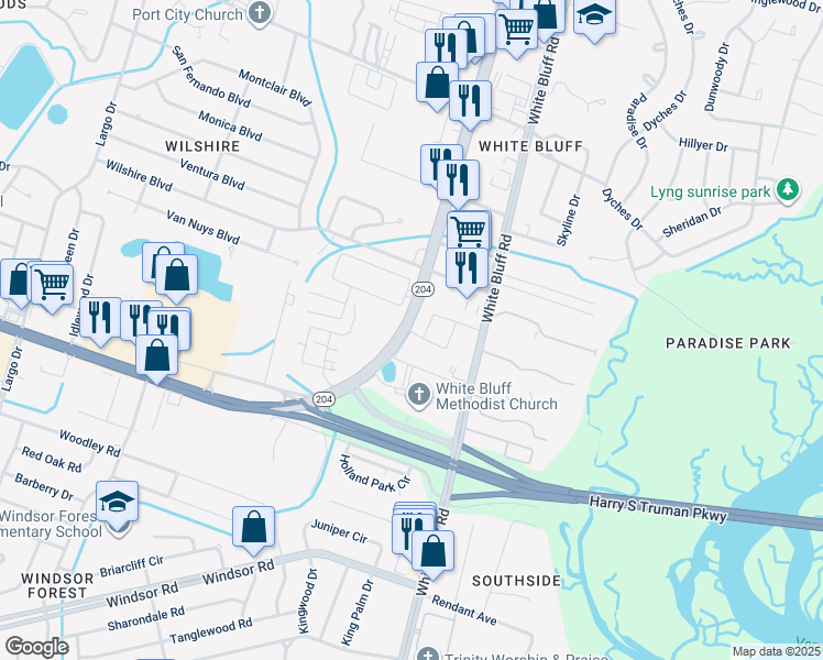 map of restaurants, bars, coffee shops, grocery stores, and more near in Savannah