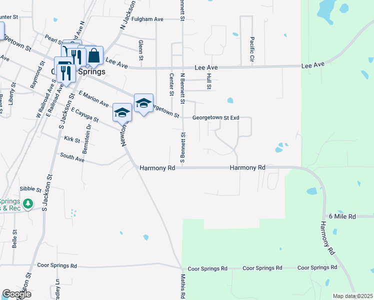 map of restaurants, bars, coffee shops, grocery stores, and more near 117 South Bennett Street in Crystal Springs